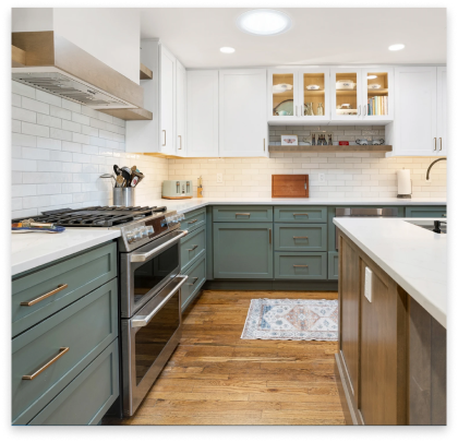 Fully restored kitchen with green cabinets